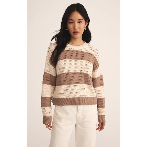 Z Supply Bonaparte Stripe Crochet Sweater - Iced Coffee NWT...